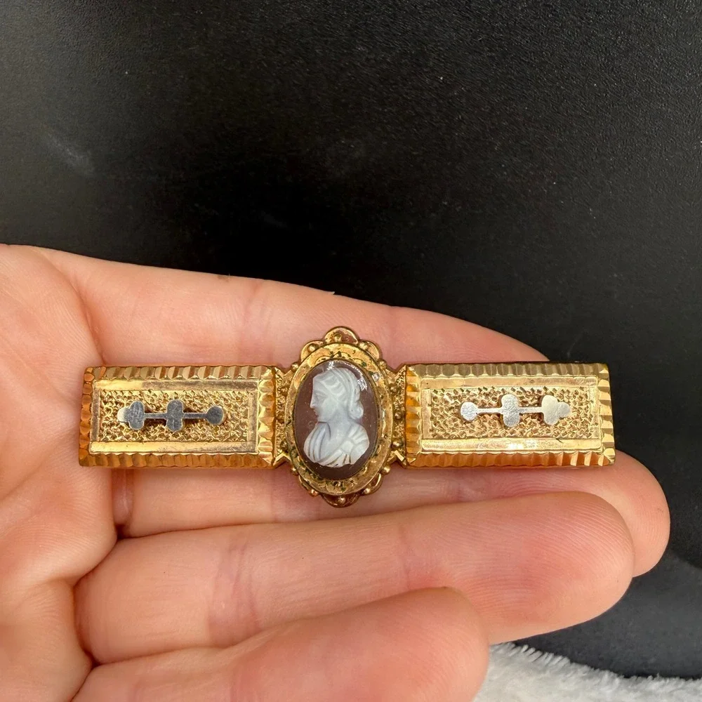 Vintage Victorian Cameo Bar Brooch Gold Tone Carved Portrait Textured